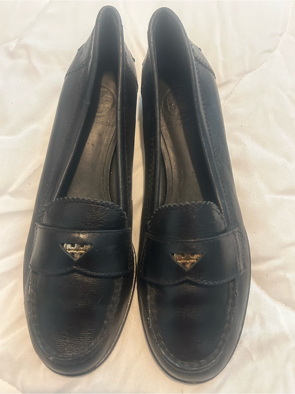 Tory Burch Black Leather Loafers with Gold Logo Accents